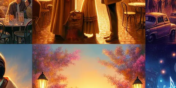 Three romantic vignettes: intimate conversation in a sunlit street, a couple on a ship deck at sunset, joyful dancing in a vibrant cityscape.