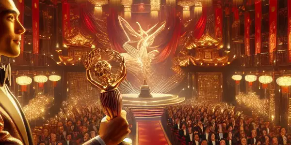 A festive awards ceremony in Wuhan featuring winners Wu Jing and Zhang Xiaofei, surrounded by an applauding audience.