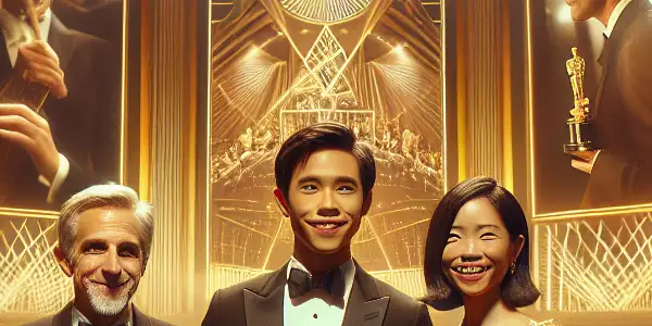 A glamorous scene at the 35th China Golden Rooster Awards, featuring diverse filmmakers celebrating with their awards.