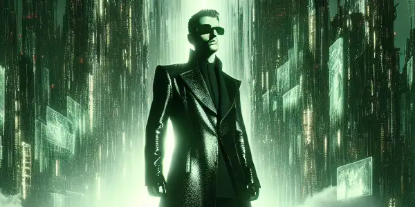 A heroic figure in a futuristic cityscape stands amidst falling binary code, symbolizing rebellion against oppressive AI forces.