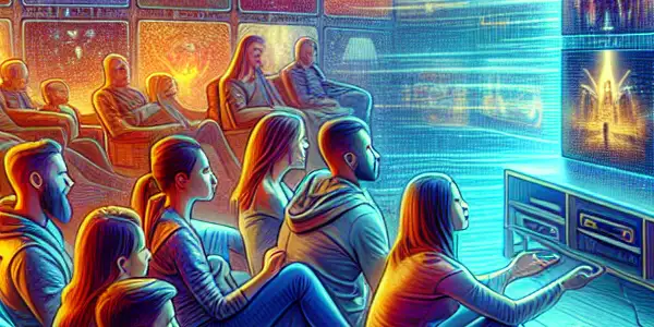 A cozy movie night scene with diverse people enjoying films on digital screens, surrounded by snacks and warm lighting.