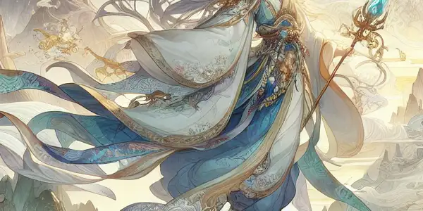 A dynamic character in ornate robes surrounded by swirling clouds, set against a mystical landscape with traditional architecture.