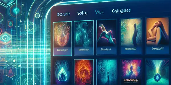 A modern digital interface showcasing safe adult film genres with vibrant thumbnails and symbols of security.