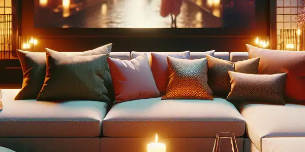 A cozy, intimate room with a large couch, AV condoms on a table, and a blurred screen.