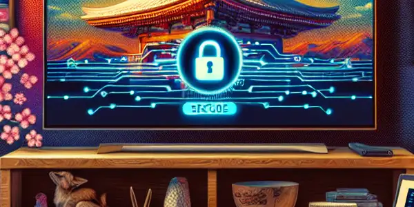 A cozy living room with ambient lighting, a TV displaying tasteful adult content, and symbols of online safety.