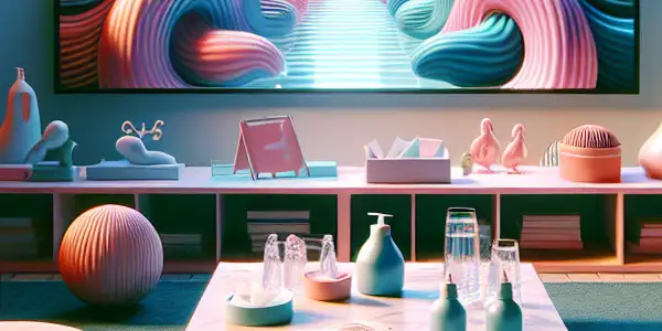 A cozy home entertainment setup showcasing adult film hygiene products and a stylish, clean environment.